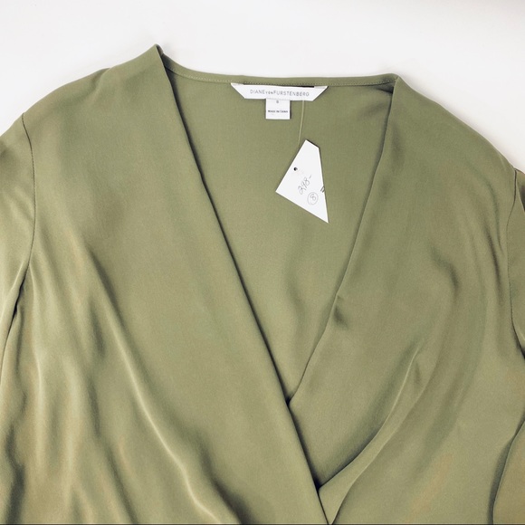 DVF Marci Faux Wrap Silk Olive Blouse NWT - Picture 13 of 16